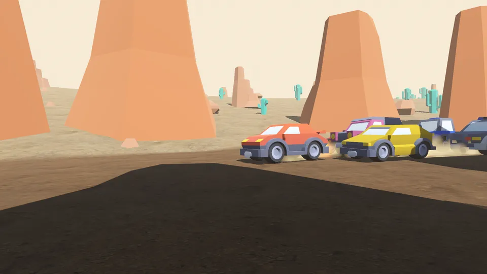 A pack of cars sliding through a red rock canyon in a cloud of sand