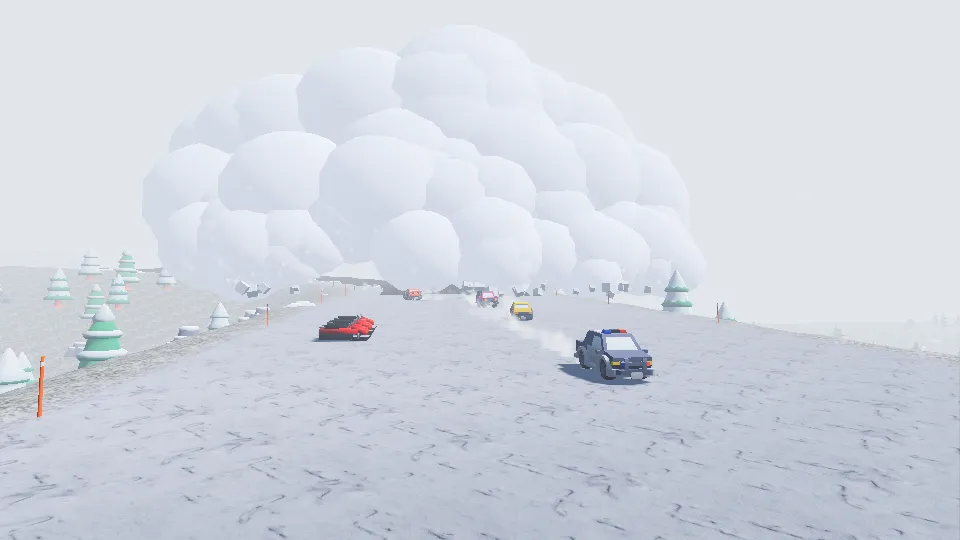 A pack of cars racing down a snowy piste with a huge avalanche of powder snow rolling down behind them