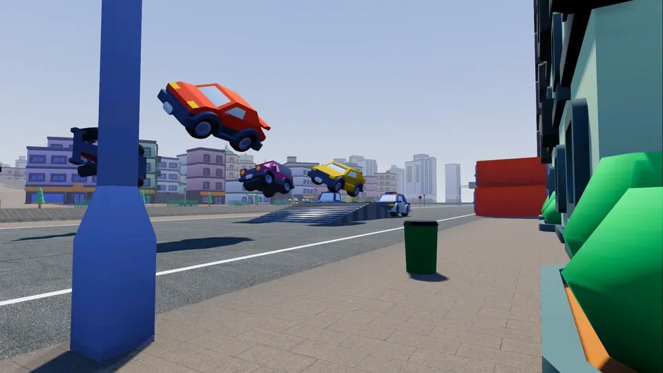 Three cars flying off steel ramps on a city ring road, a police car behind them