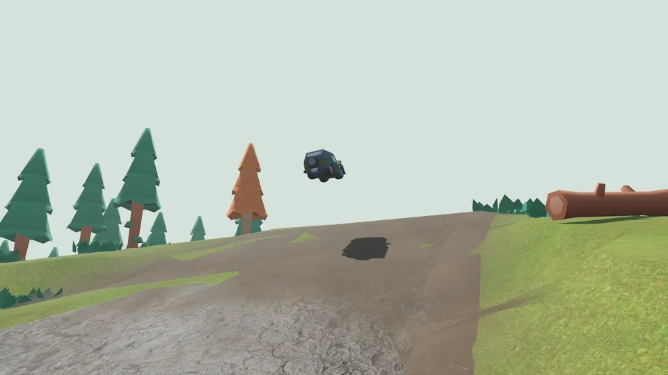 An SUV thrown into the air off a muddy crest