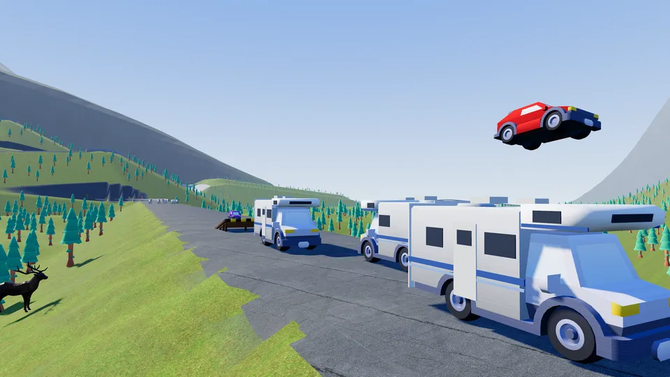 A car flying over a queue of motorhomes off a ramp on a mountain road in Norway