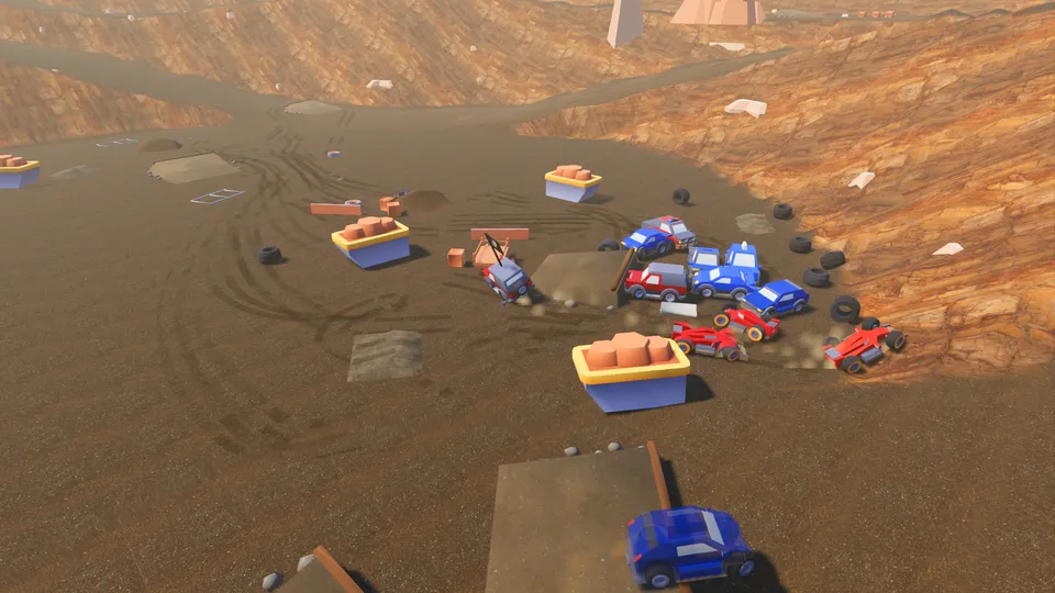 Red and blue team cars piling into each other over the flag at the bottom of an open-pit quarry