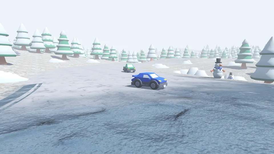 A blue car sliding sideways across a frozen lake past snowmen