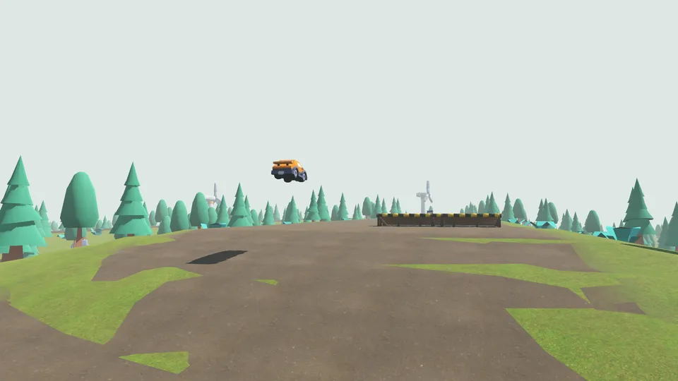 A car flying over a hollow after a double jump, wind turbines on the hills